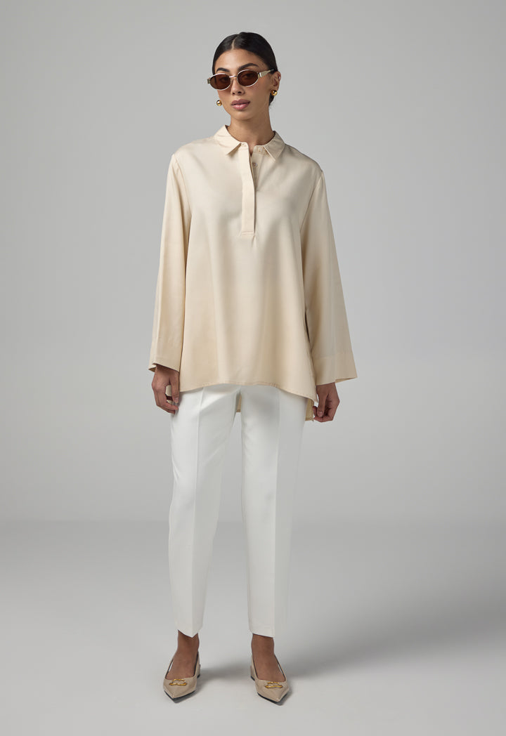 Choice Half Buttons Basic Shirt  Beige