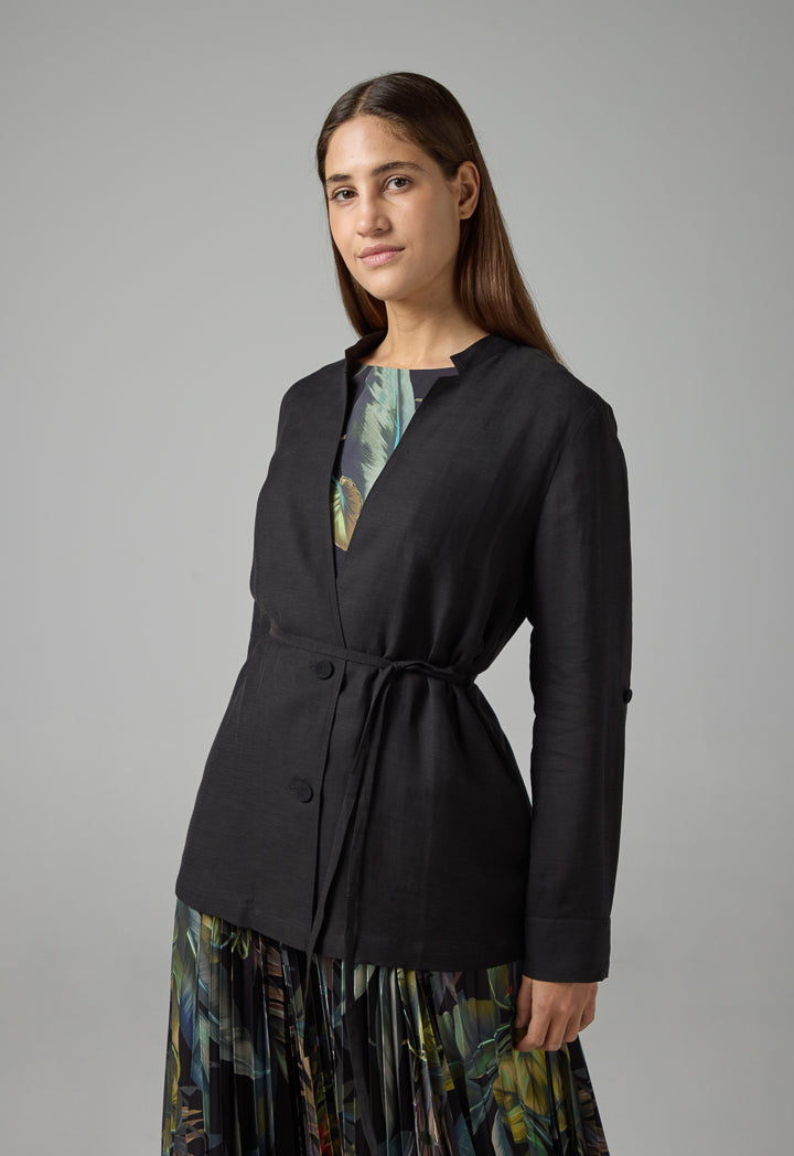 Choice Solid Outerwear With Tie Detail Black