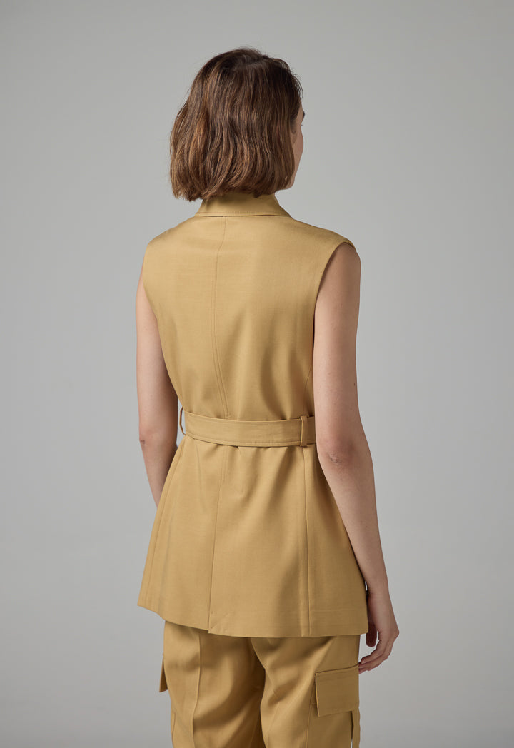 Choice Front Flap Pockets Belted Gilet Camel