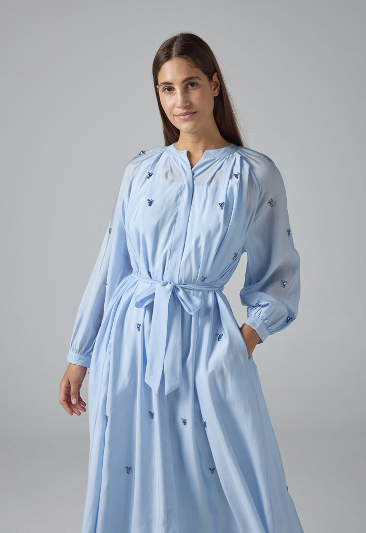 Choice Solid Crystal Embellished Belted Dress Blue