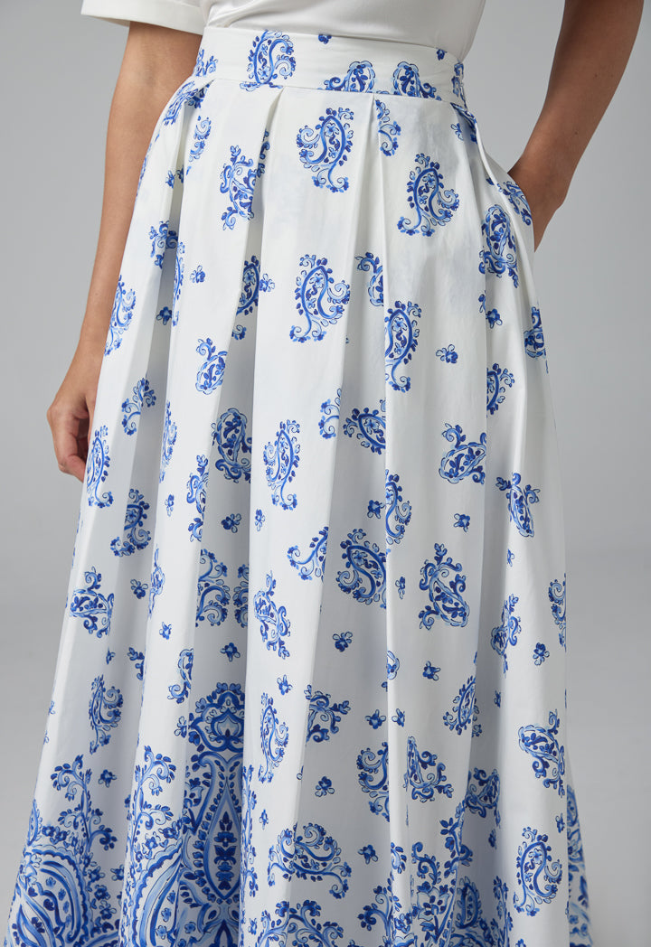 Choice Pleated Flared Printed Maxi Skirt Off White