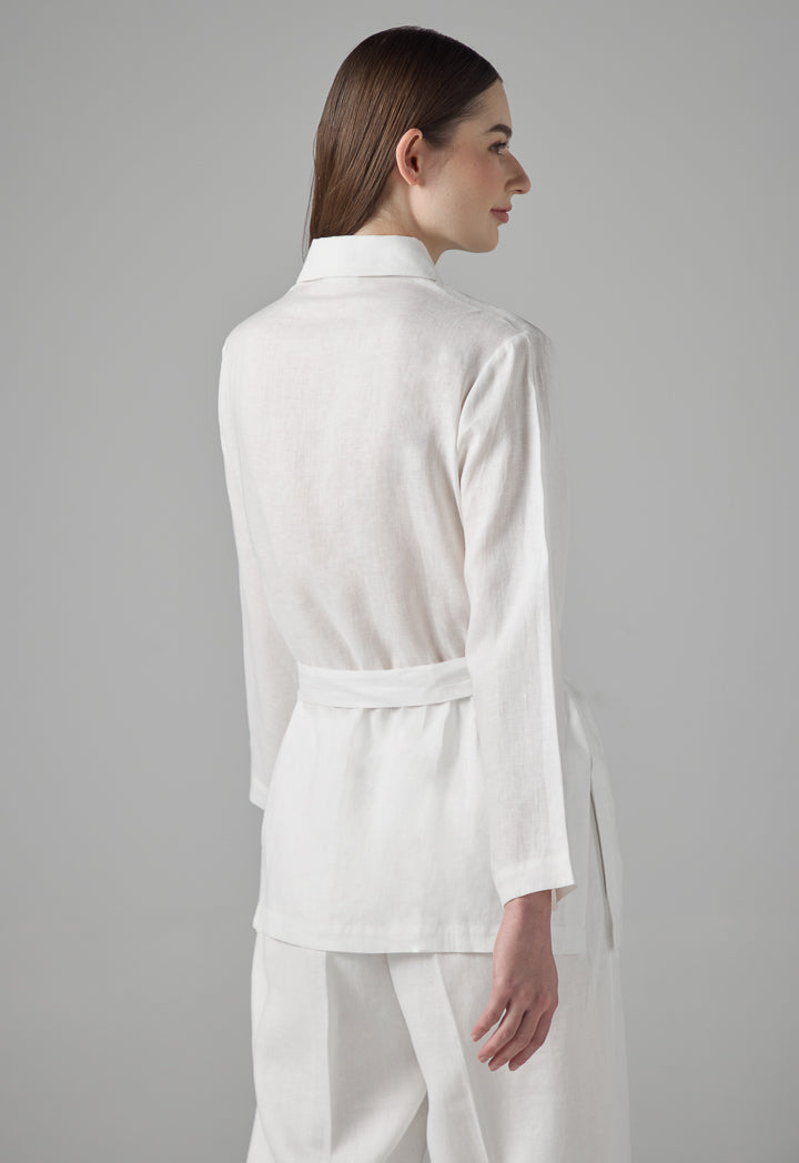 Choice Solid Crystal Embellished Linen Shirt Off White