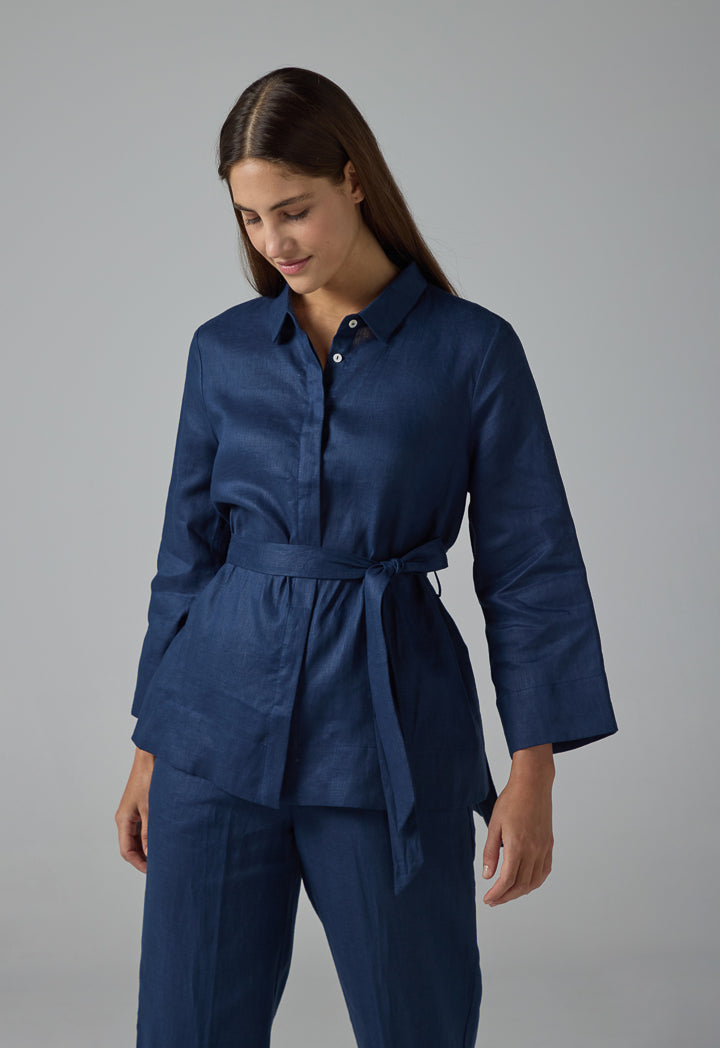 Choice Long Sleeves Basic Belted Shirt Navy