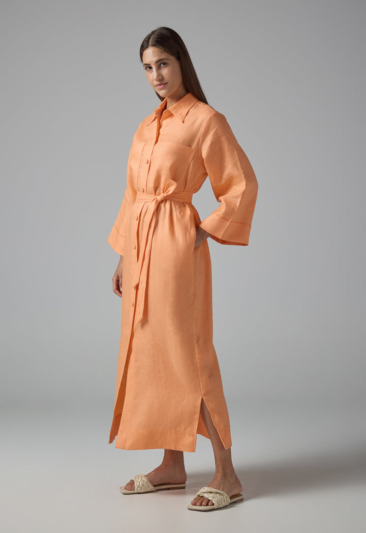 Choice Solid Front Pockets Belted Shirt Dress Orange