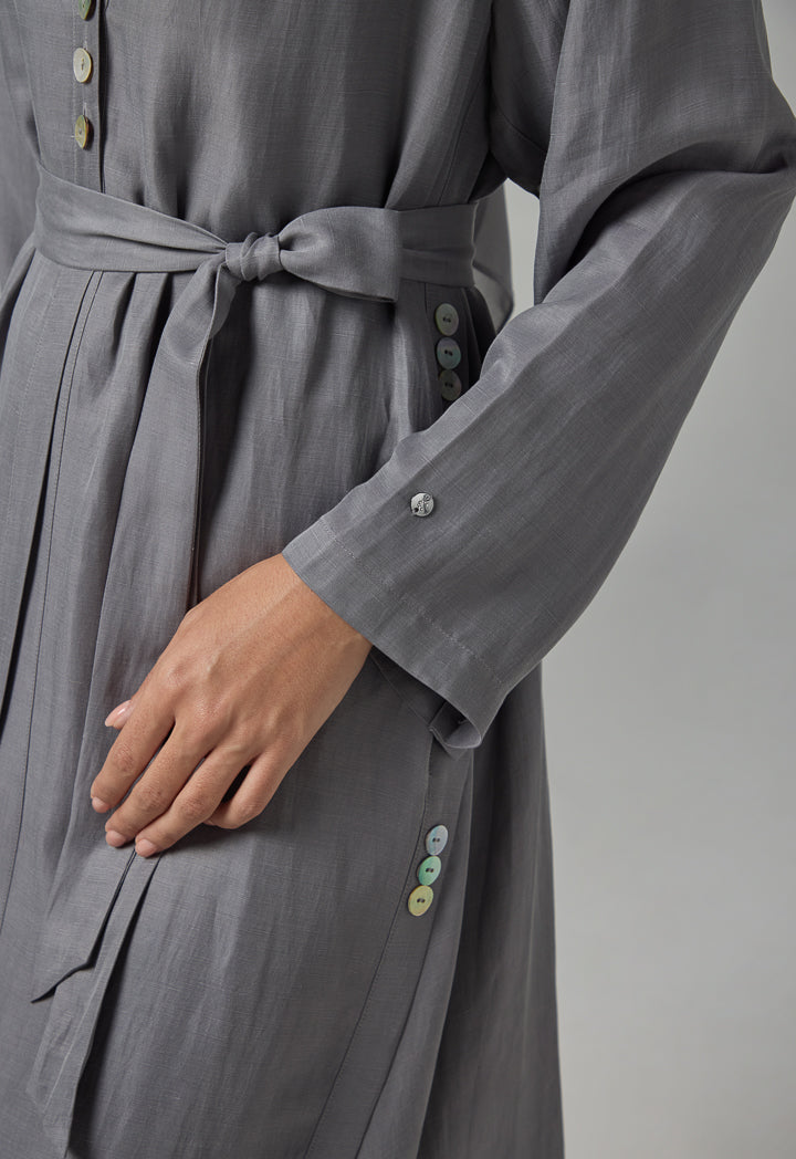 Choice Solid Oversized Maxi Belted Abaya With Hijab Grey