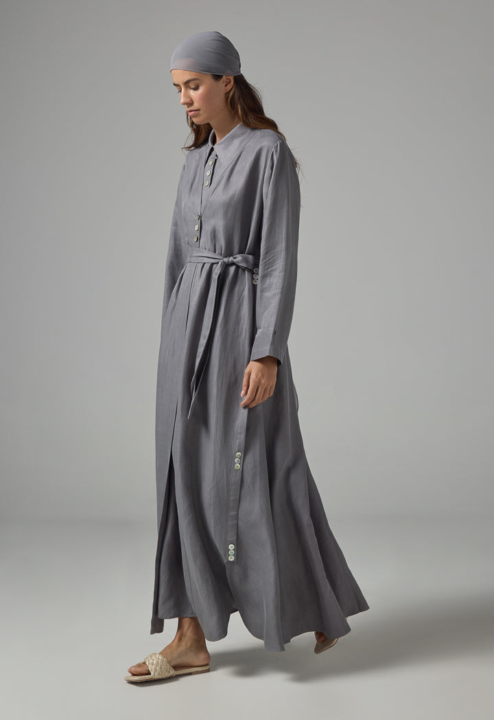 Choice Solid Oversized Maxi Belted Abaya With Hijab Grey