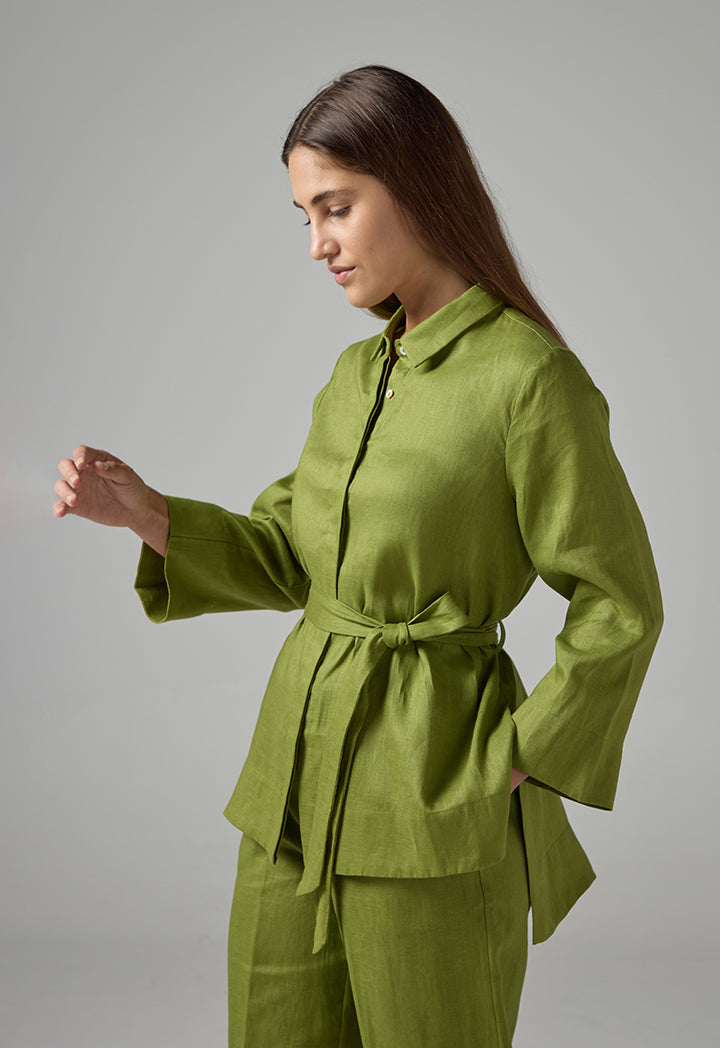 Choice Long Sleeves Basic Belted Shirt Green