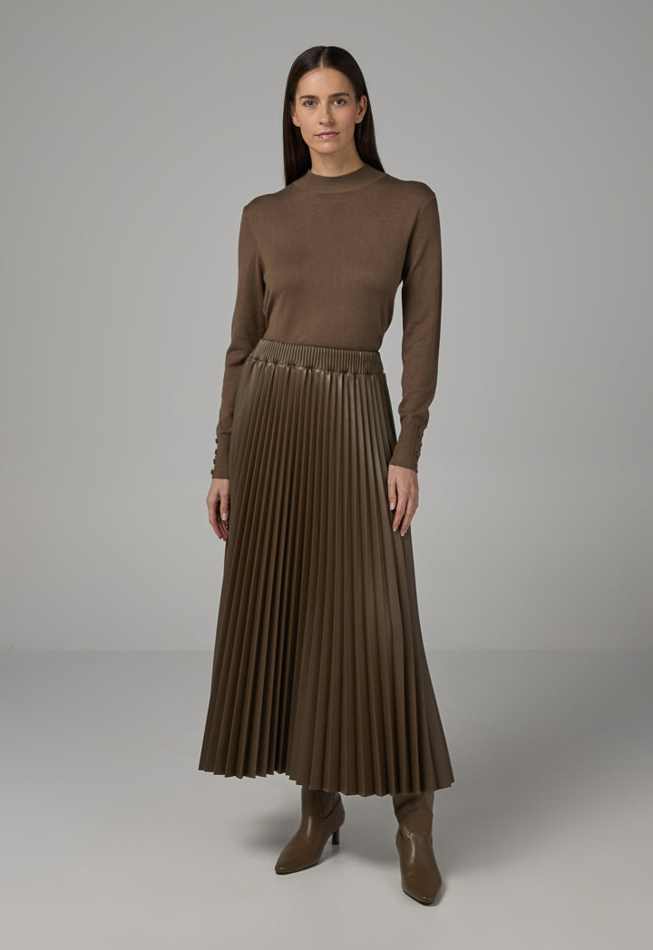 Choice Pleated Pu Leather Solid Skirt Brown