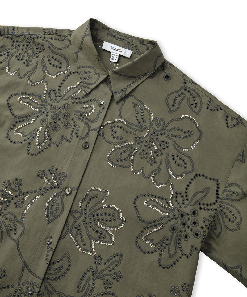 Ipekyol Sequin Embroidered Scalloped Shirt Khaki