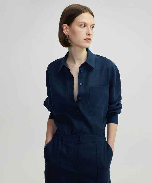 Ipekyol Linen Shirt With Hidden Placket Navy
