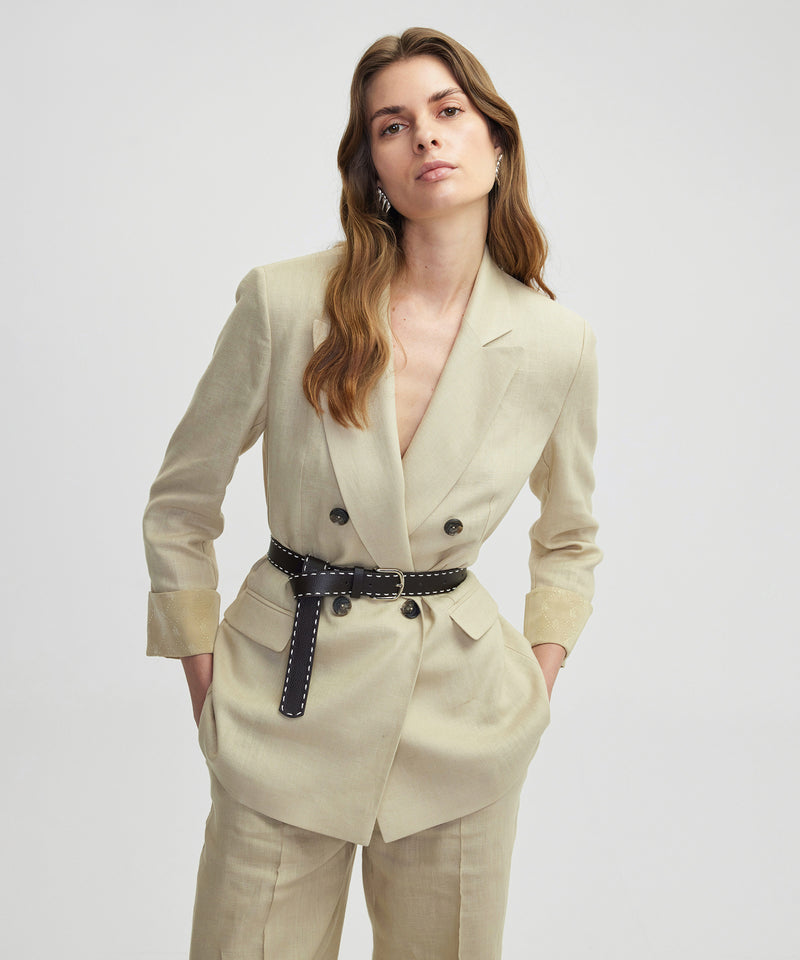 Ipekyol Linen Jacket With Faux Leather Belt Natural