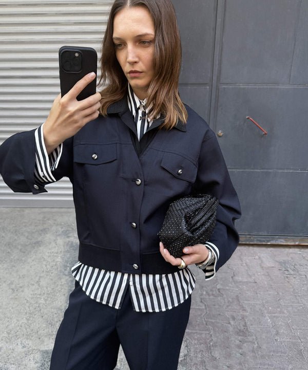 Ipekyol Mixed Media Bomber Jacket Navy