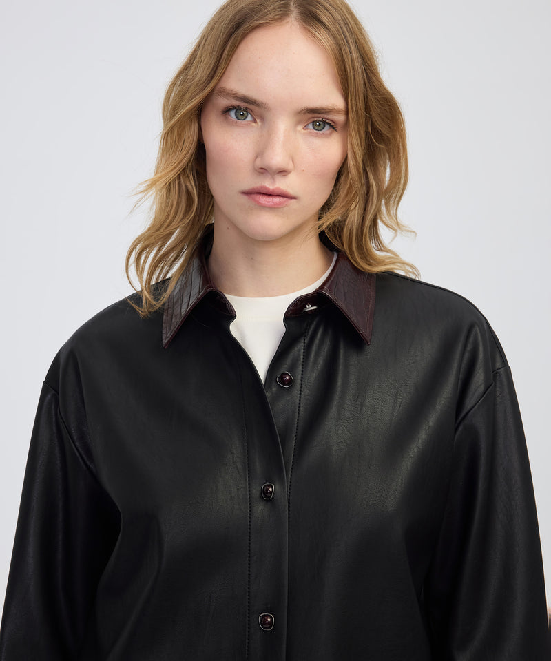 Ipekyol Contrast Collar Leather-Effect Shirt  Black