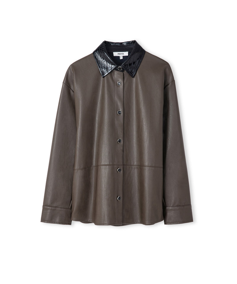 Ipekyol Contrast Collar Leather-Effect Shirt  Brown