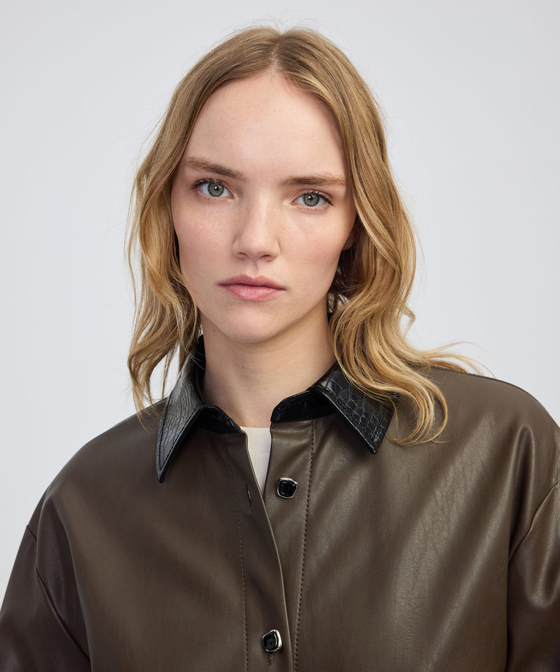 Ipekyol Contrast Collar Leather-Effect Shirt  Brown