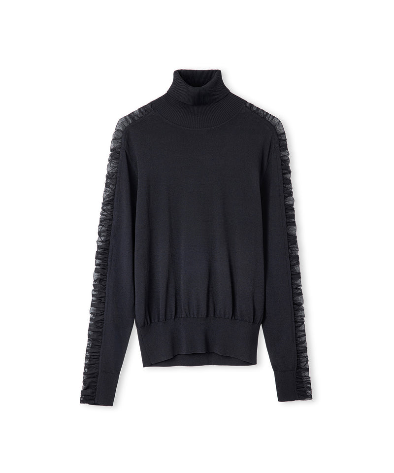 Ipekyol Draped Tulle-Sleeve Knit Top Black
