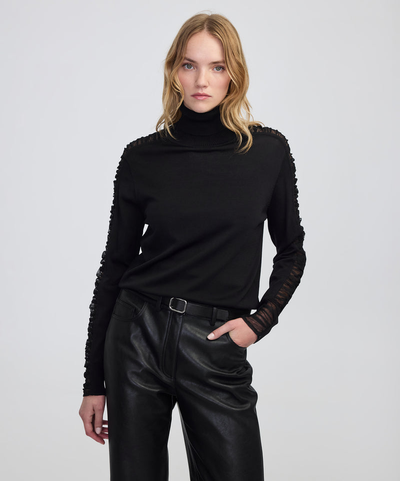 Ipekyol Draped Tulle-Sleeve Knit Top Black