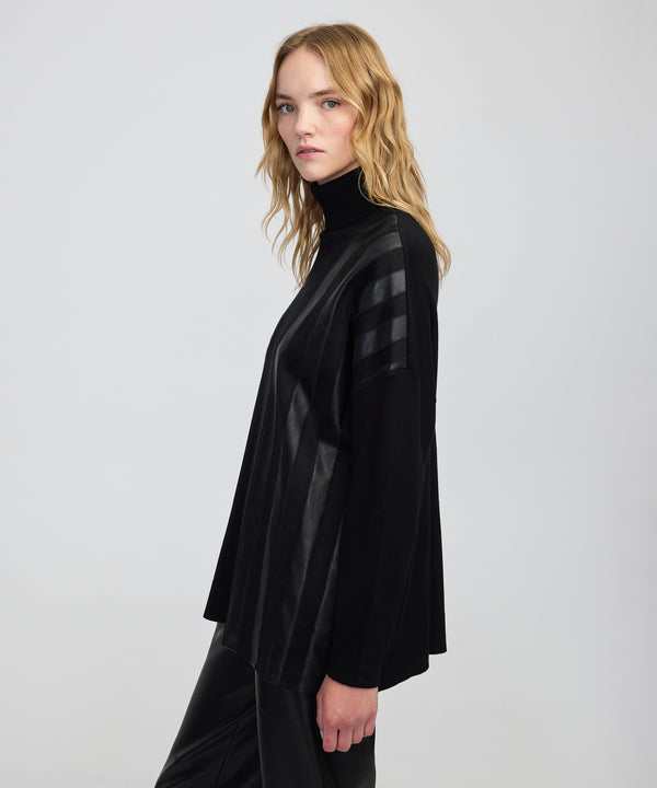 Ipekyol Faux Leather & Suede Panel Sweater Black