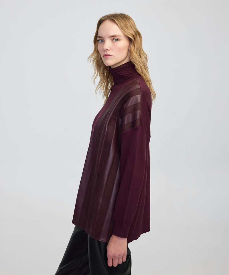 Ipekyol Faux Leather & Suede Panel Sweater Dark Purple
