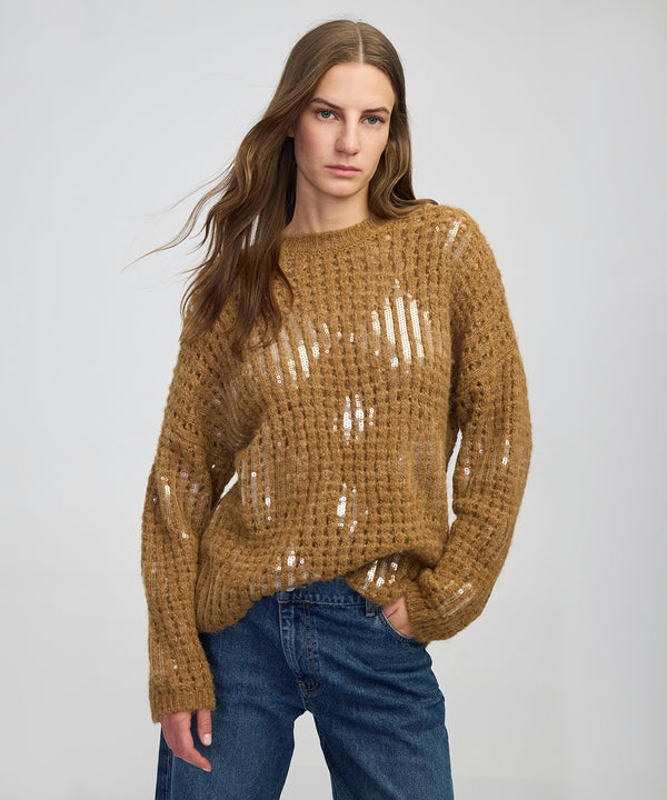 Ipekyol Embellished Openwork Knit Sweater Caramel