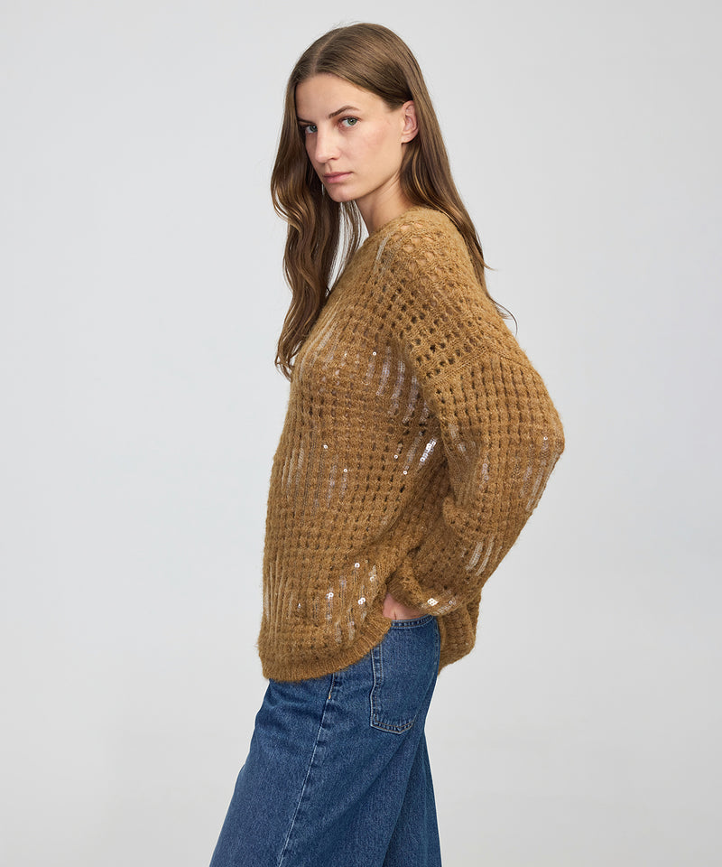 Ipekyol Embellished Openwork Knit Sweater Caramel