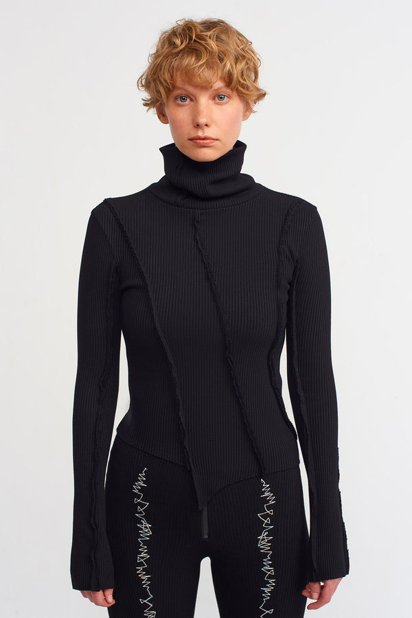 Nu Asymmetrical Rib Collar Sweater Black