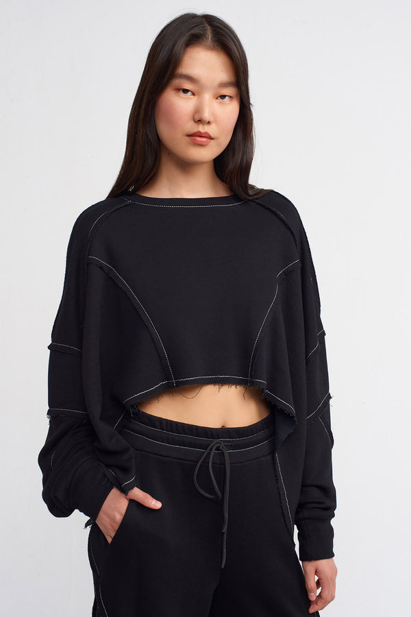 Nu Contrast Stitched Crop Sweatshirt Natural/Black