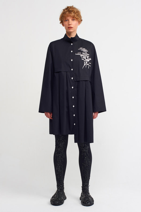 Nu Embroidered Pleated Shirt Dress Black/Offwhite