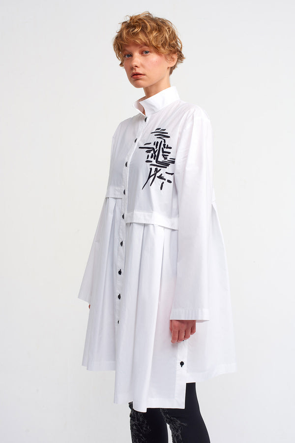 Nu Embroidered Pleated Shirt Dress Off White/Black