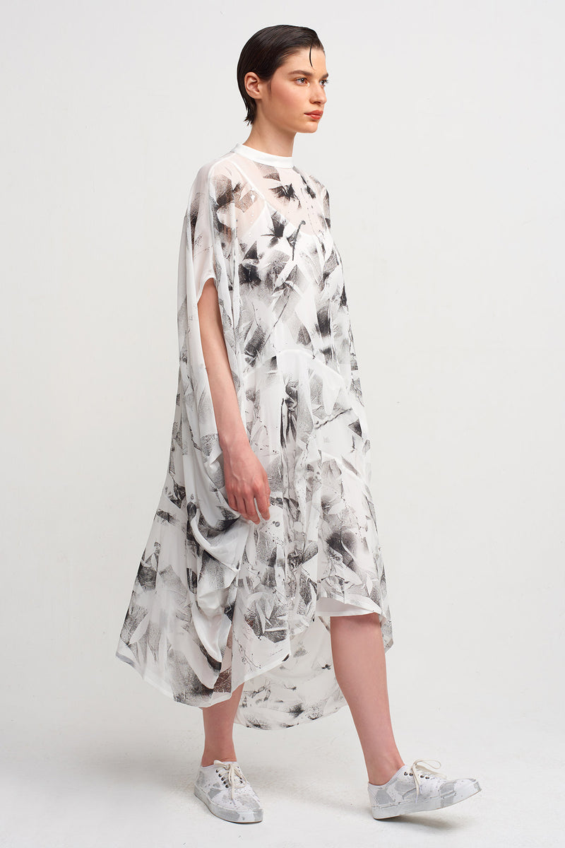 Nu Printed Sheer Asymmetrical Dress Off White