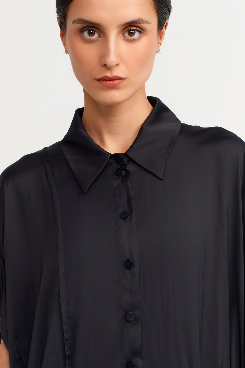 Nu Shirt Collar Asymmetrical Satin Dress Black