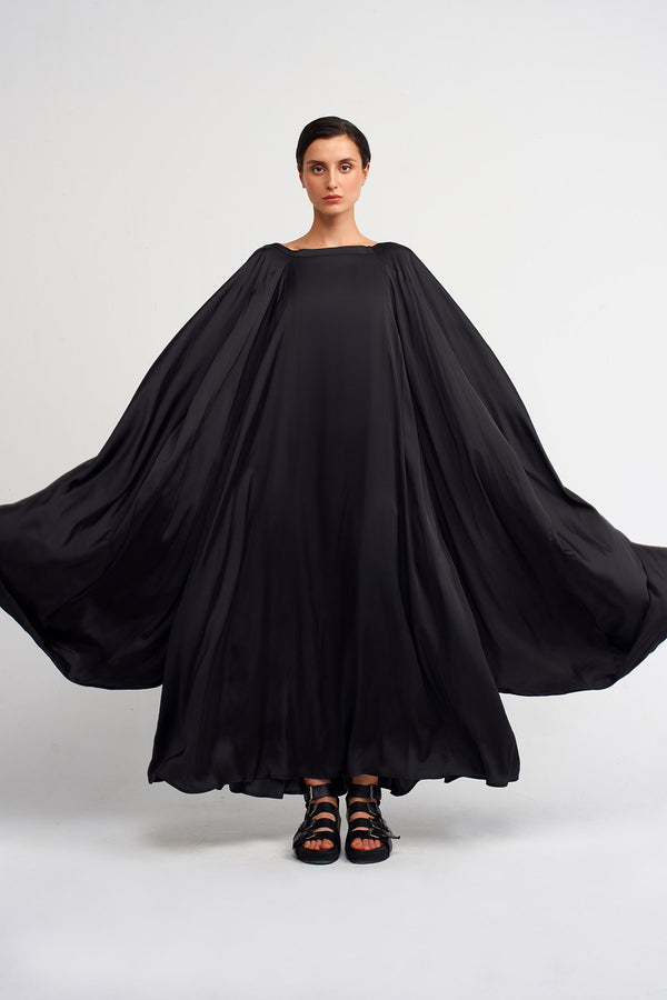 Nu Wide Collar Flowy Satin Dress Black