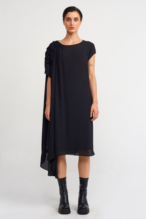 Nu Elastic Gathered Sleeve Stylish Dress Black