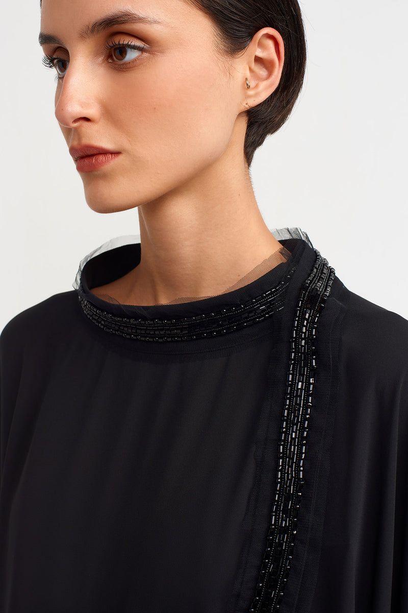 Nu Elegant Dress With Embellished Collar  Black