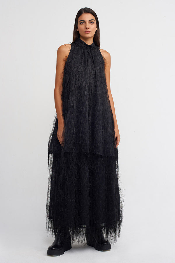 Nu Fluffy High Neck Long Dress Black