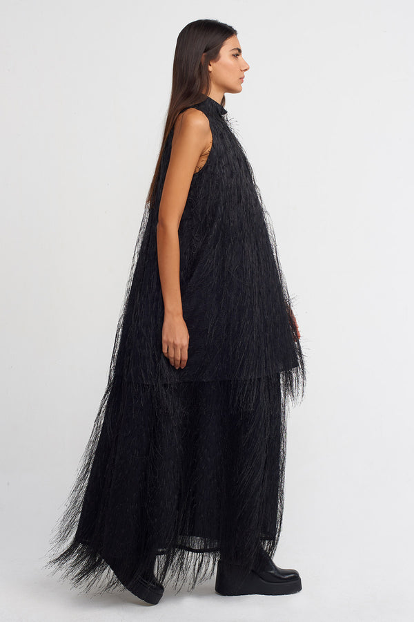 Nu Fluffy High Neck Long Dress Black