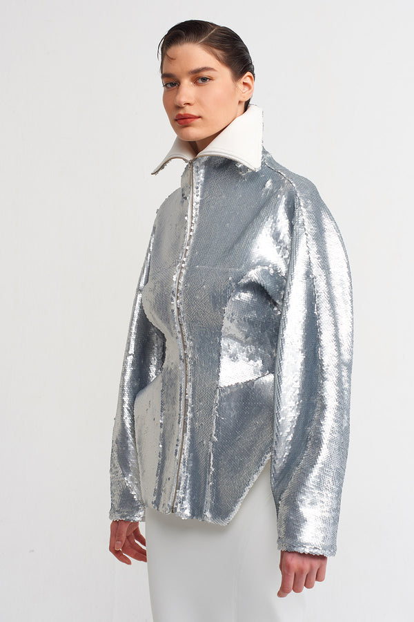 Nu Sequin Embroidered Elegant Jacket Silver
