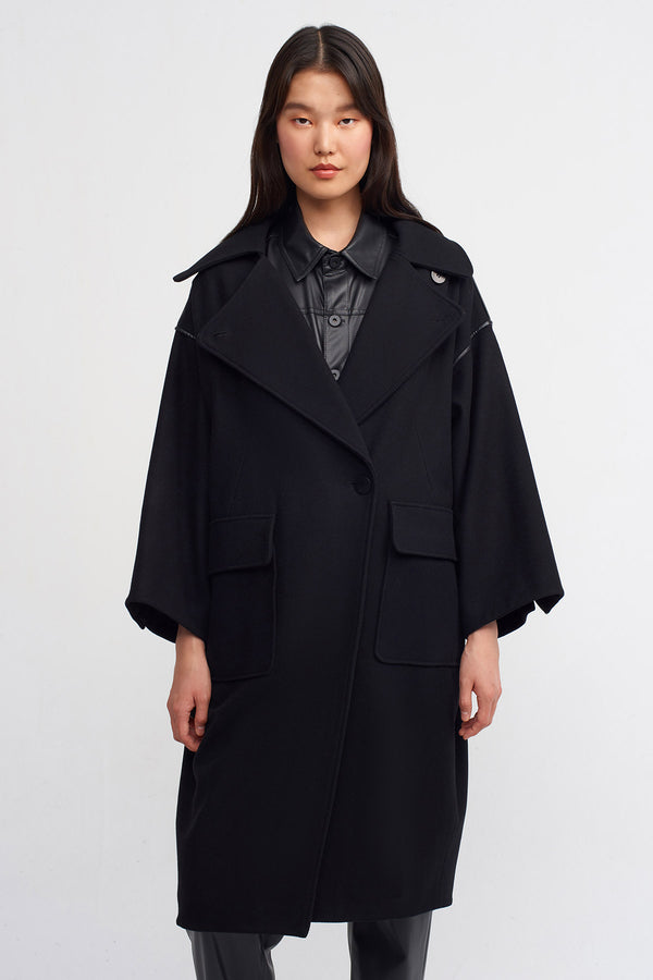 Nu Oversized Coat With Leather Trim Detail Black
