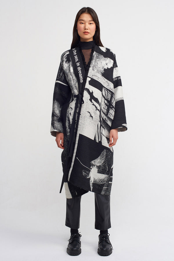 Nu Print Pattern Kimono Coat Black