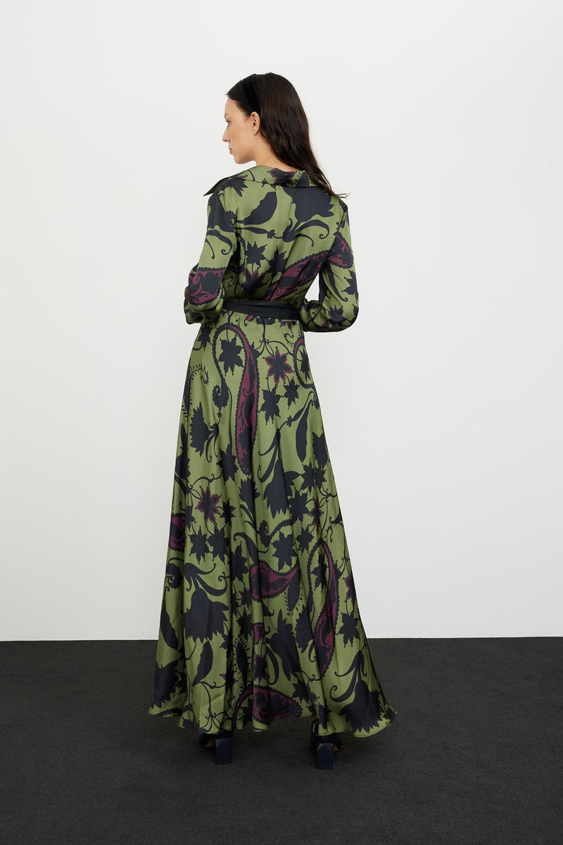 Roman Satin Printed Waist Belted Dress Multi Color