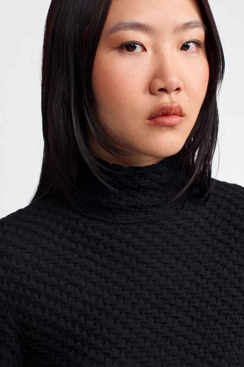 Nu Textured Fabric Turtleneck Bodysuit Black