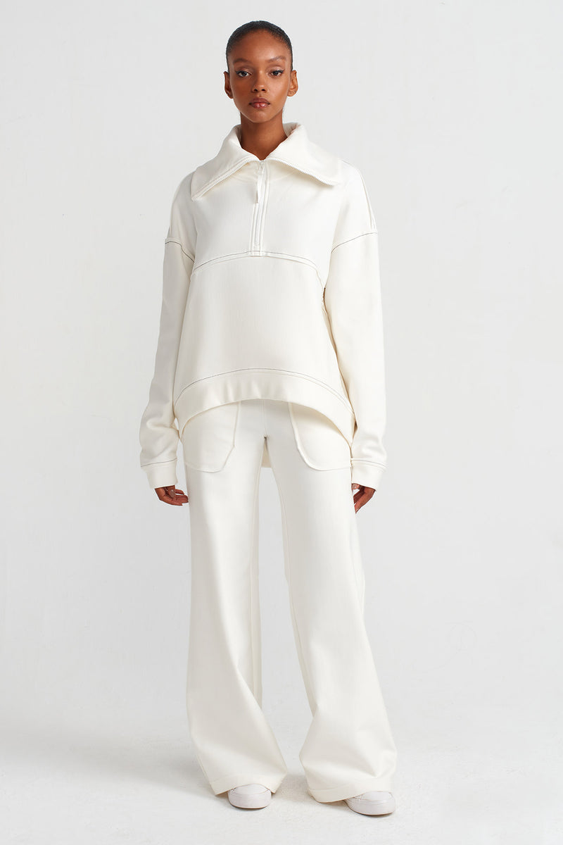 Nu Zip Neck Contrast Stitch Sweatshirt White