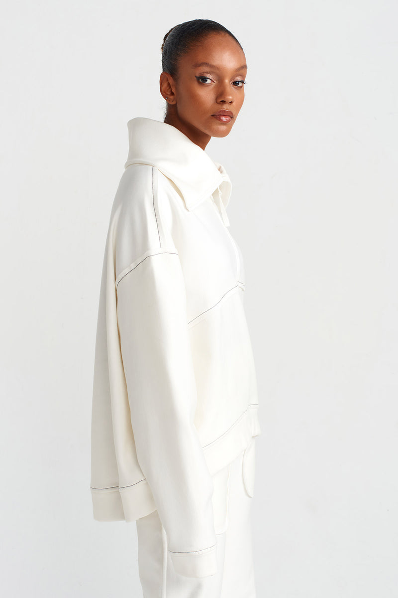 Nu Zip Neck Contrast Stitch Sweatshirt White