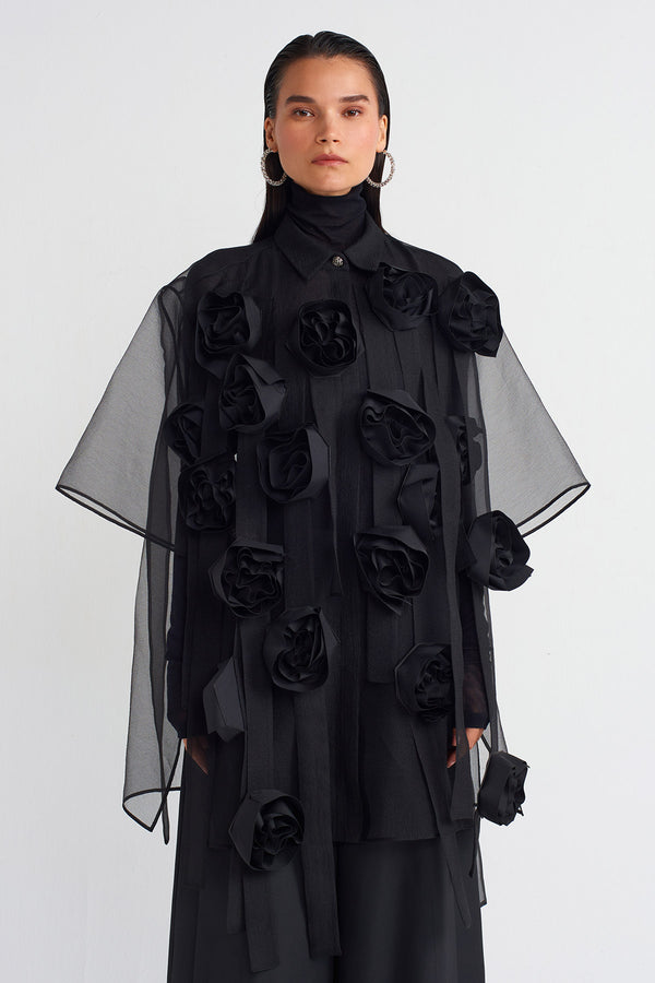 Nu Rose Appliqué Organza Shirt Black