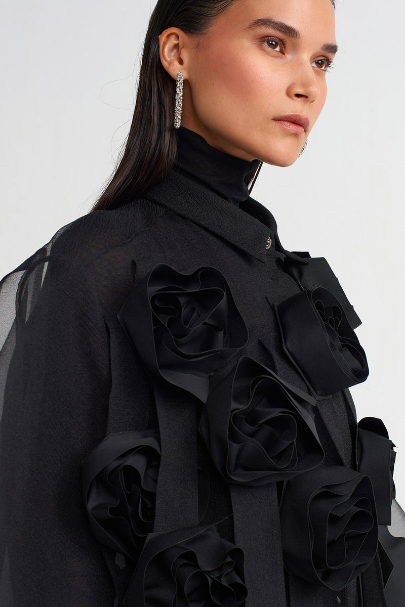 Nu Rose Appliqué Organza Shirt Black