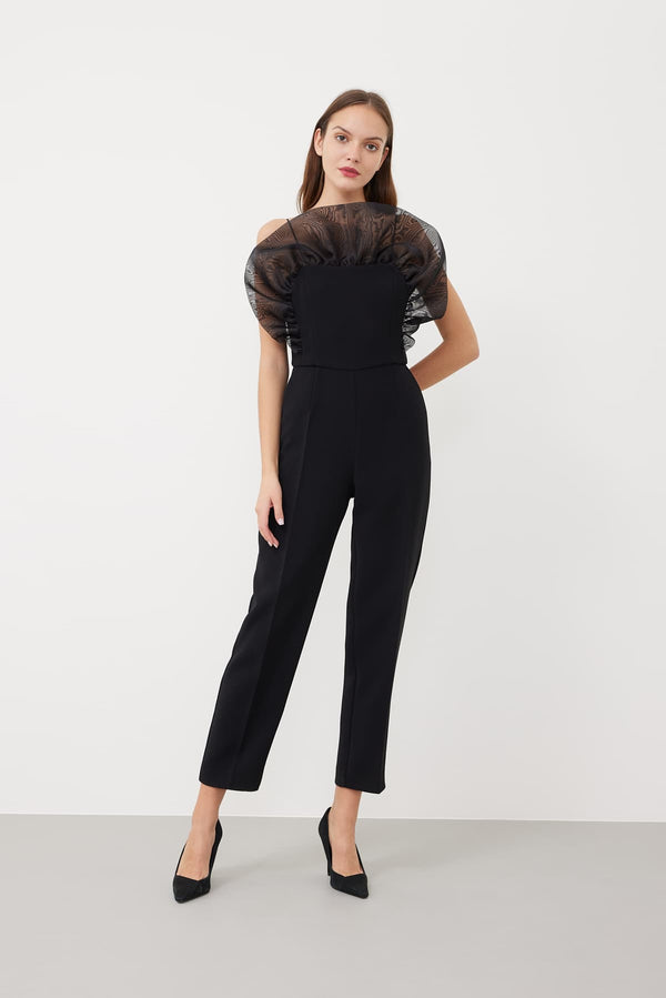 Roman Organza Ruffle Detailed Jumpsuit Black