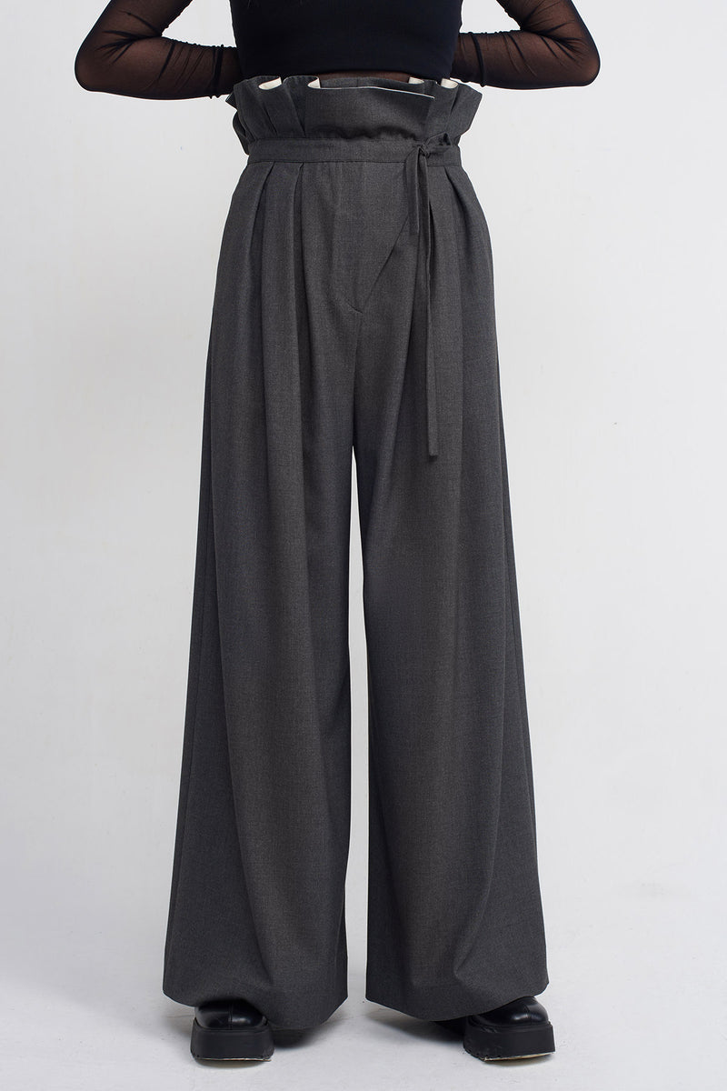 Nu Tie-Waist Palazzo Trousers Dark Grey Melange