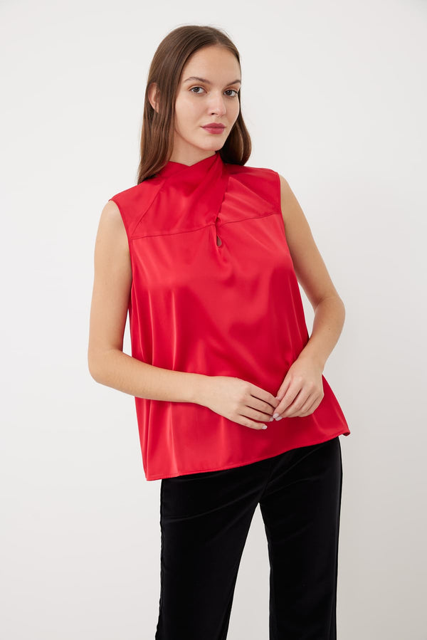 Roman Satin Blouse With Scarf Collar Red