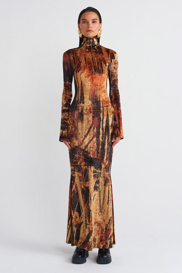 Nu Printed Velvet Fitted Dress Multi Color