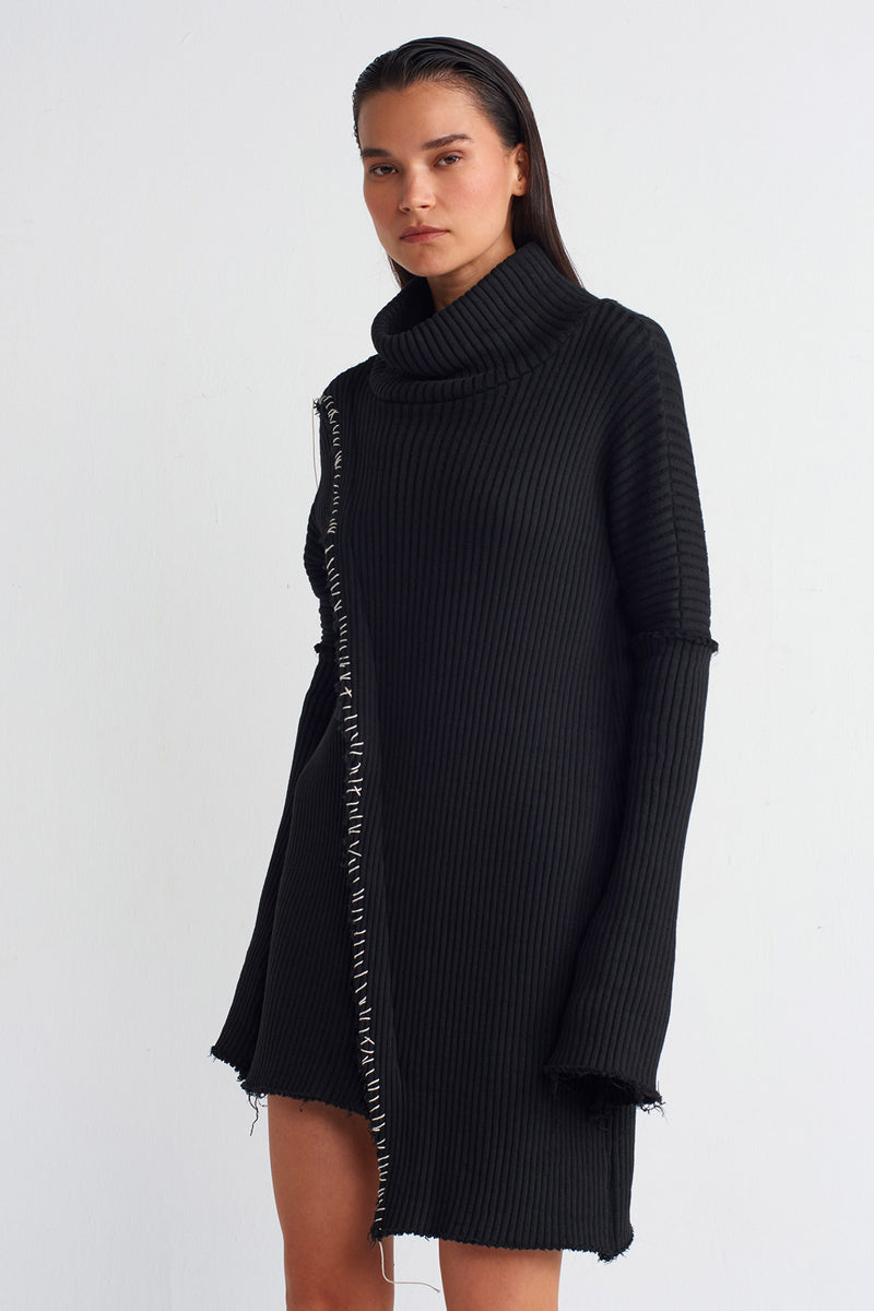 Nu Contrast Stitched Long Sleeve Knit Dress Black